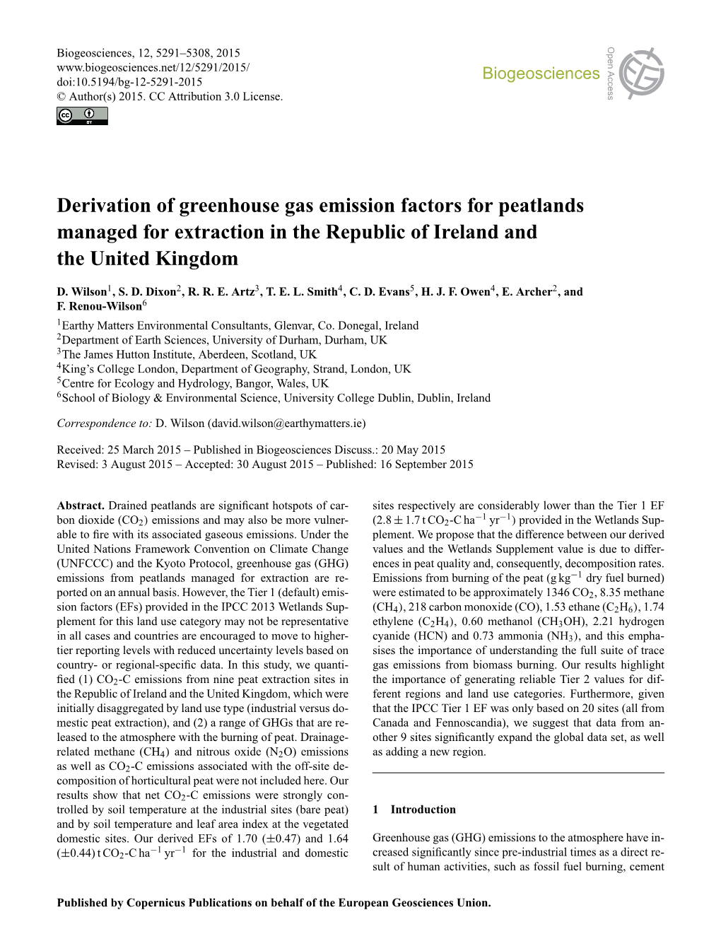 Derivation of Greenhouse Gas Emission Factors for Peatlands Managed for Extraction in the Republic of Ireland and the United Kingdom