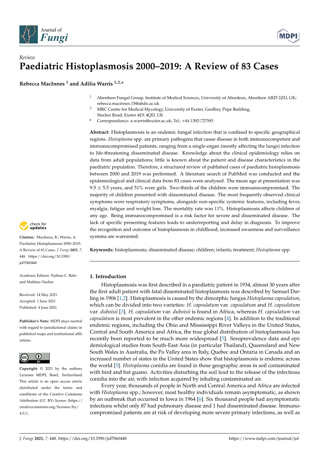 Paediatric Histoplasmosis 2000–2019: a Review of 83 Cases