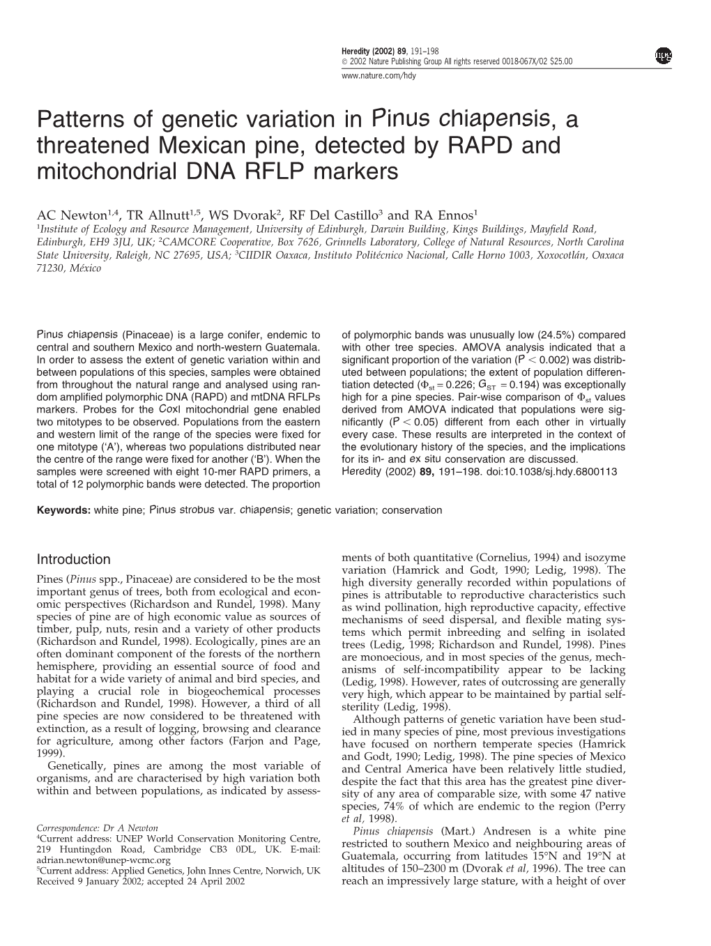 Patterns of Genetic Variation in Pinus Chiapensis, a Threatened Mexican