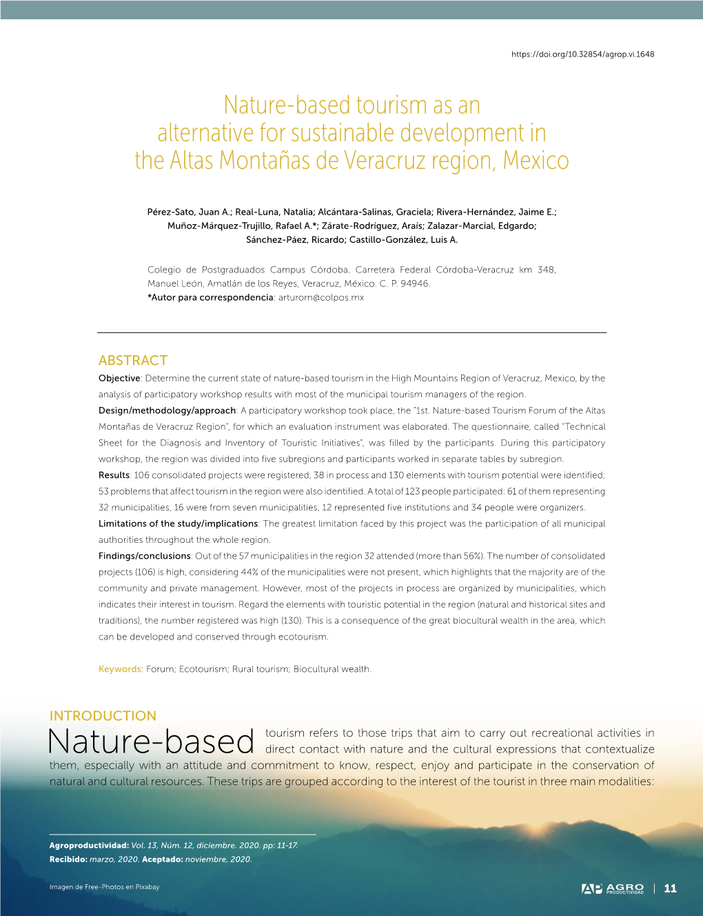 Nature-Based Tourism As an Alternative for Sustainable Development in the Altas Montañas De Veracruz Region, Mexico