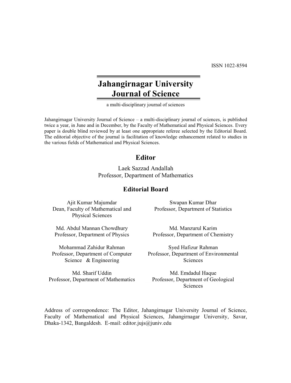 Jahangirnagar University Journal of Science a Multi-Disciplinary Journal of Sciences