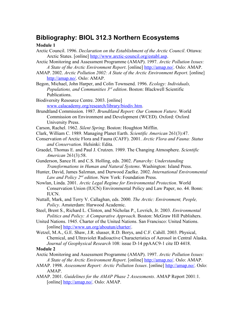 Bibliography: BIOL 312.3 Northern Ecosystems