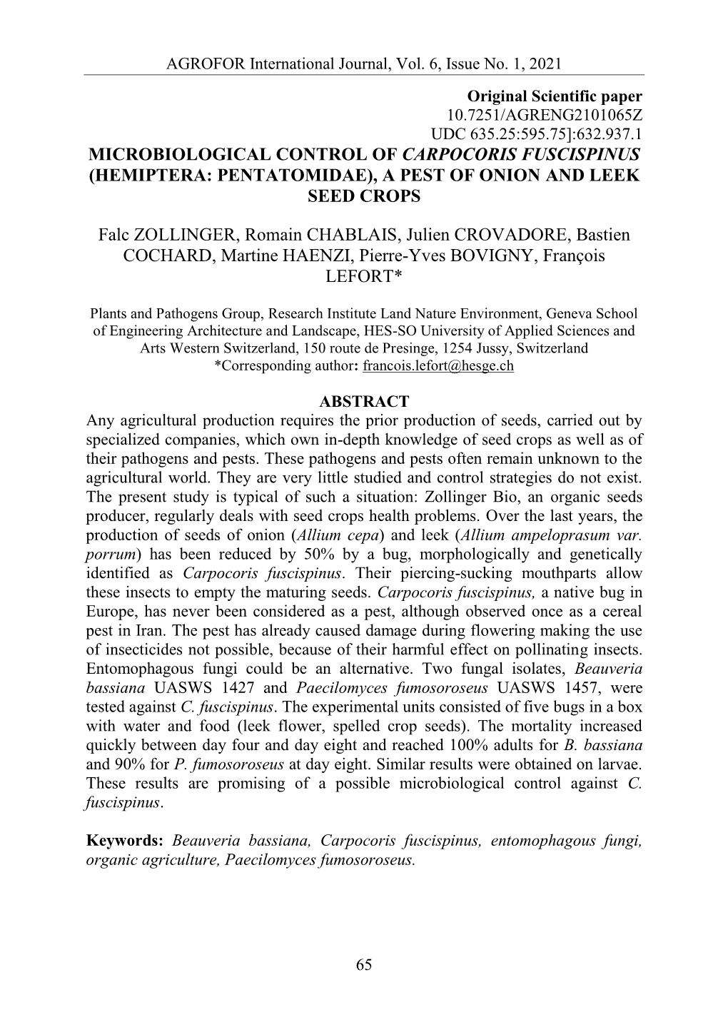 Microbiological Control of Carpocoris Fuscispinus (Hemiptera: Pentatomidae), a Pest of Onion and Leek Seed Crops