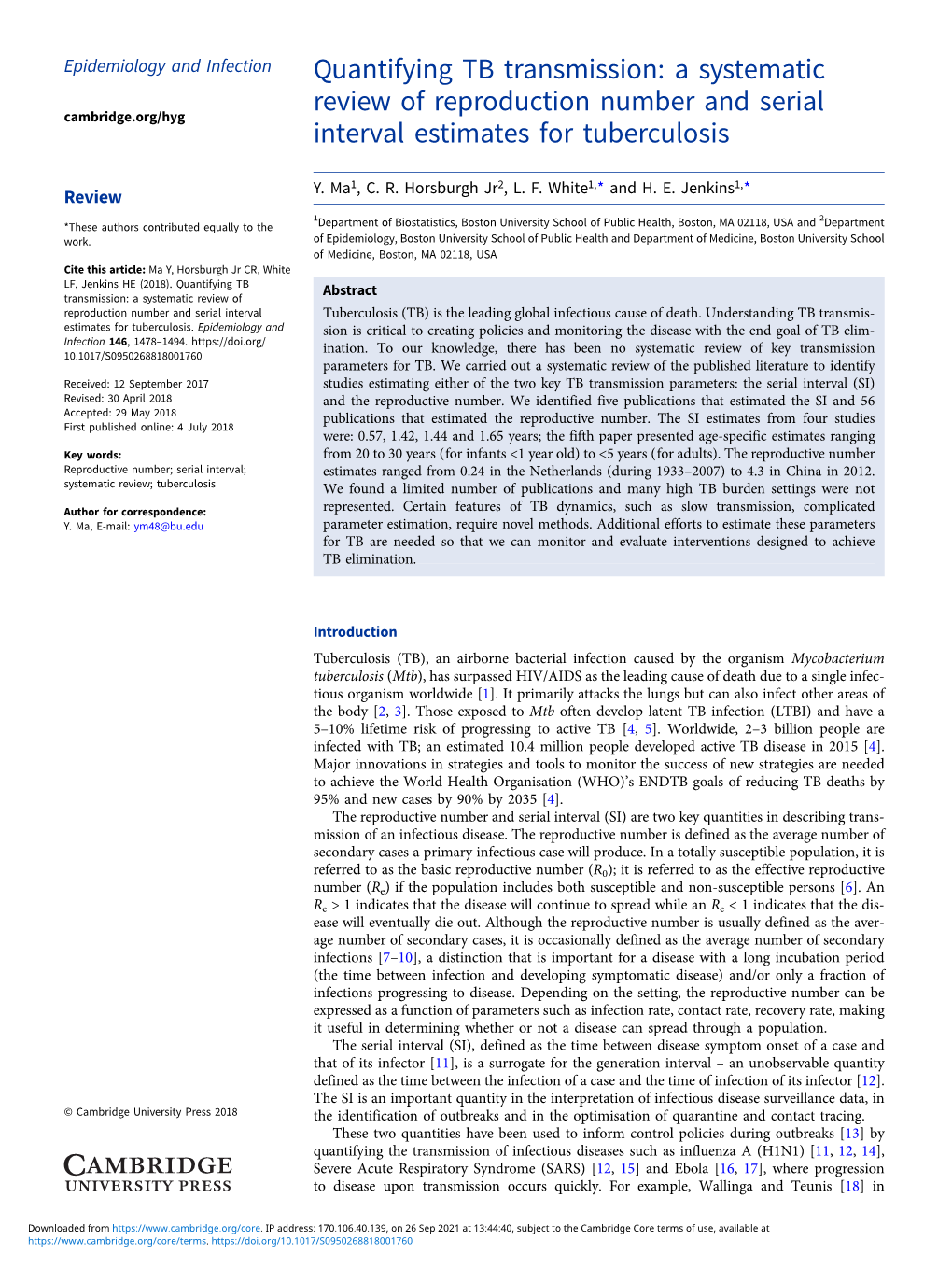 A Systematic Review of Reproduction Number and Serial Interval Tuberculosis (TB) Is the Leading Global Infectious Cause of Death