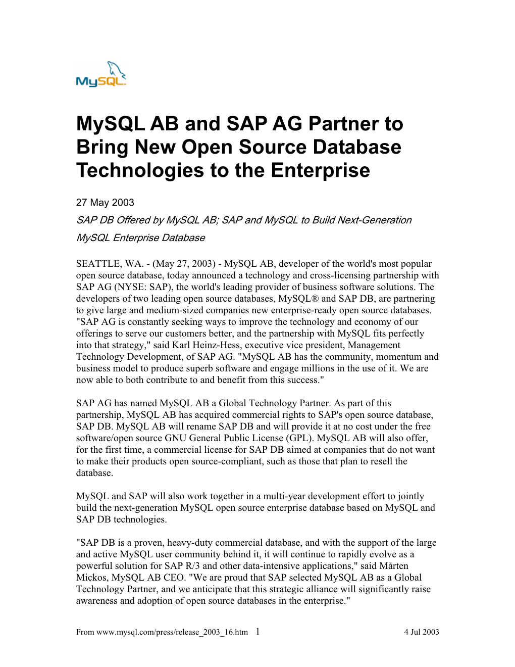 Mysql AB and SAP AG Partner to Bring New Open Source Database Technologies to the Enterprise