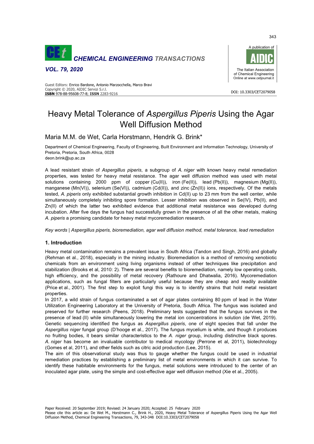 Heavy Metal Tolerance of Aspergillus Piperis Using the Agar Well Diffusion Method