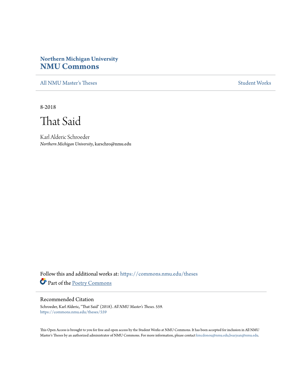 That Said Karl Alderic Schroeder Northern Michigan University, Karschro@Nmu.Edu