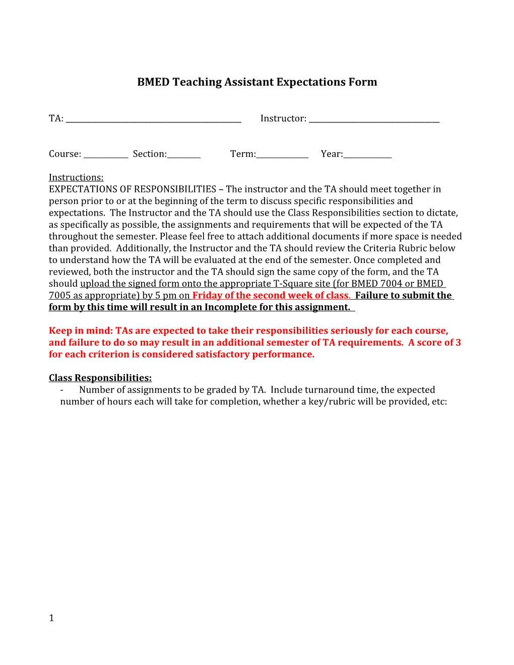 BMED Teaching Assistant Expectations Form