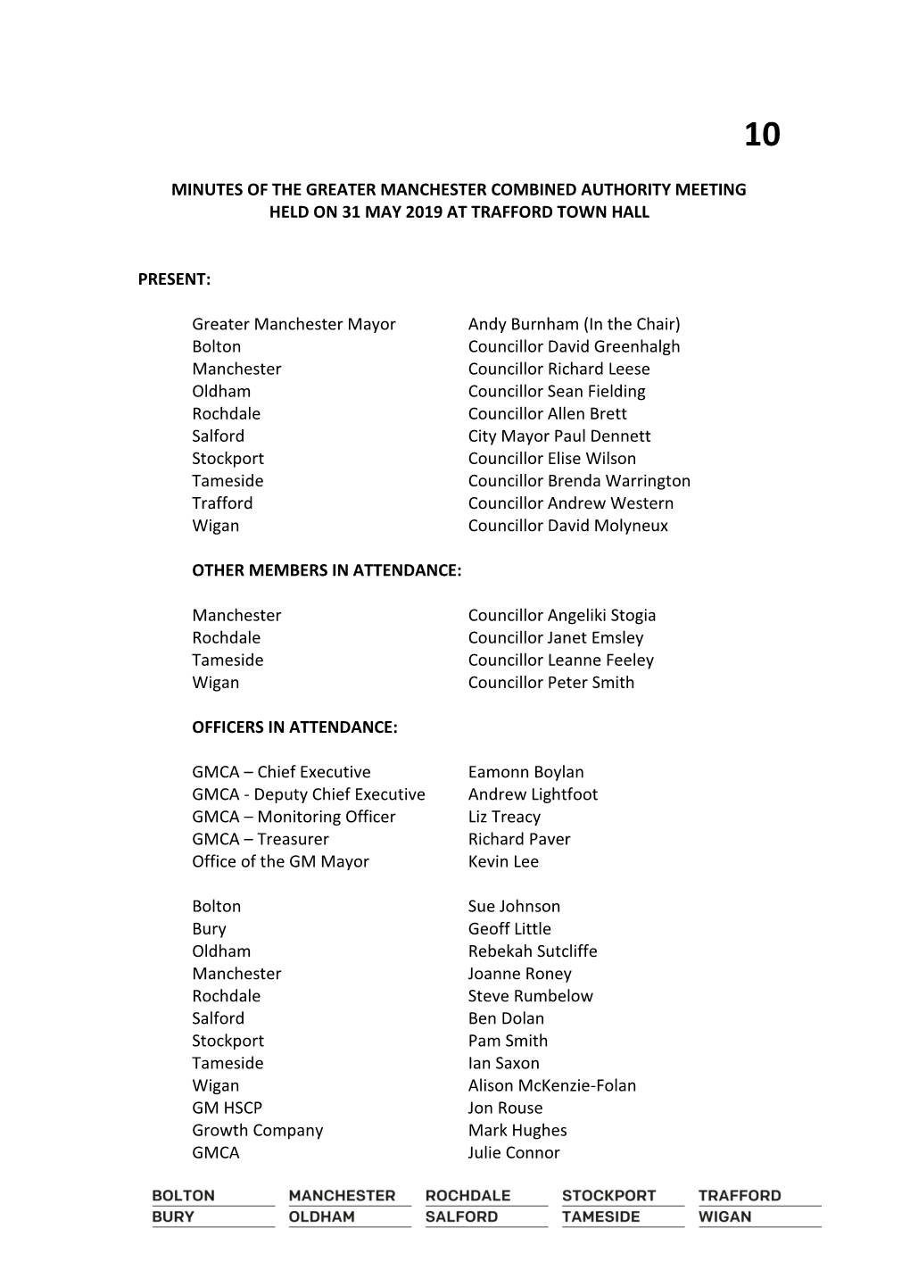 Minutes of the Greater Manchester Combined Authority Meeting Held on 31 May 2019 at Trafford Town Hall