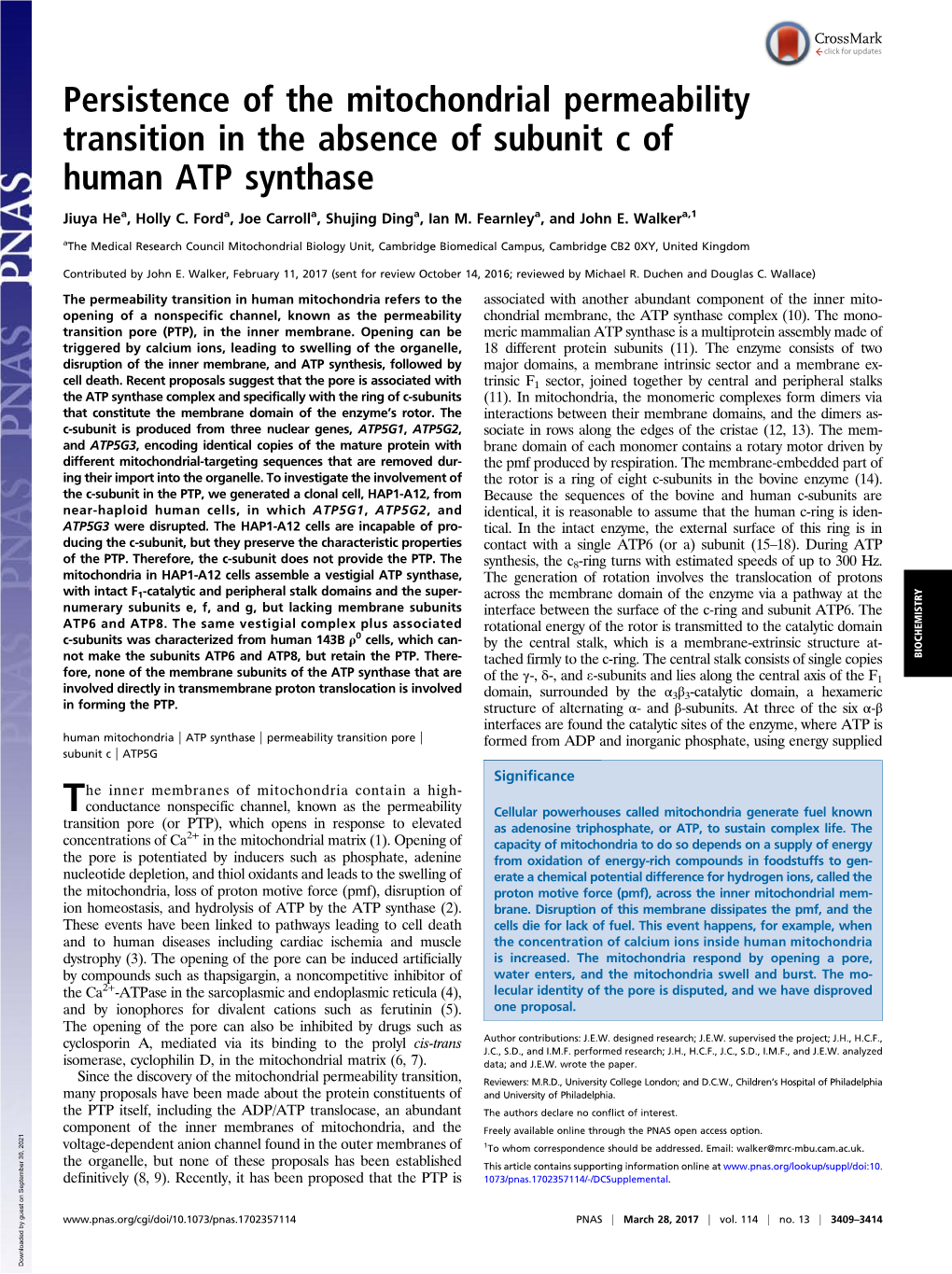 Persistence of the Mitochondrial Permeability Transition in the Absence of Subunit C of Human ATP Synthase