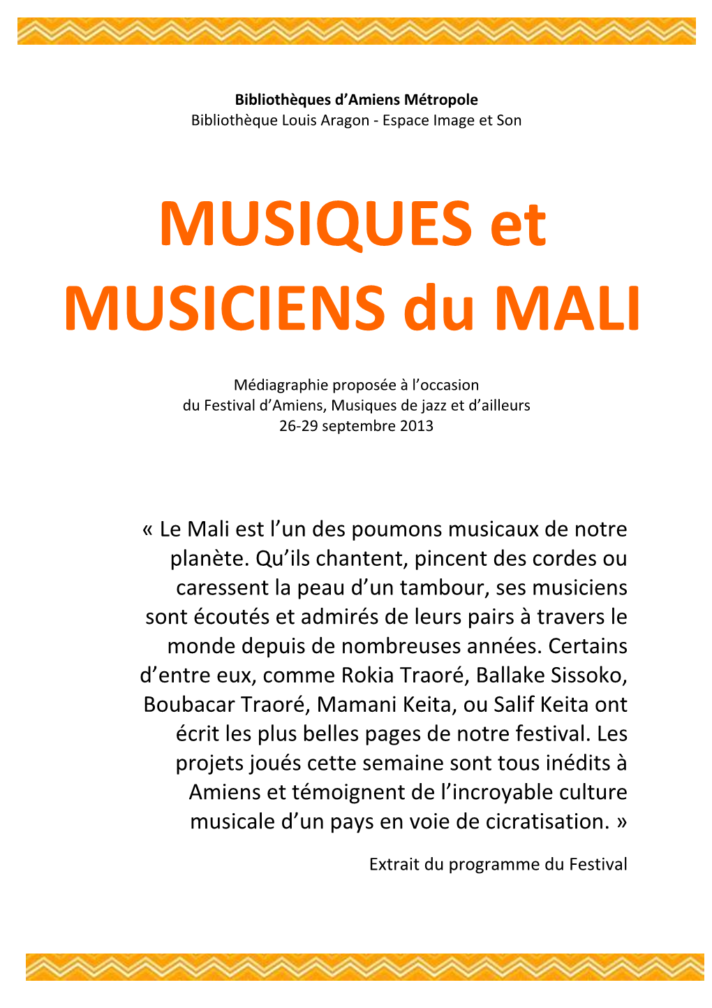 MUSIQUES Et MUSICIENS Du MALI