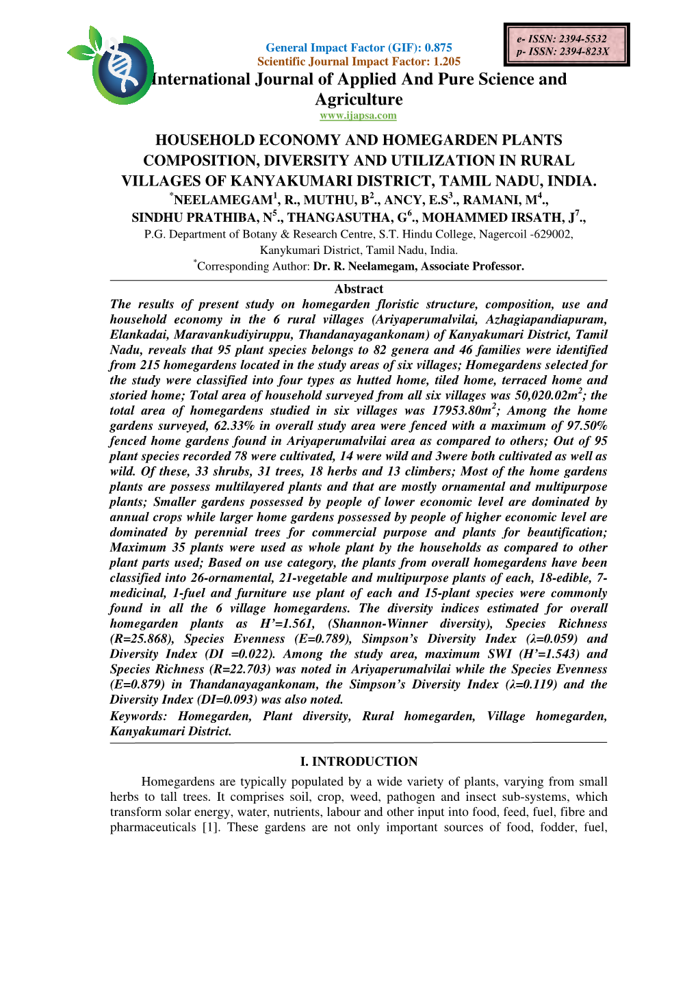 Household Economy and Homegarden Plants Composition, Diversity and Utilization in Rural Villages of Kanyakumari District, Tamil Nadu , India