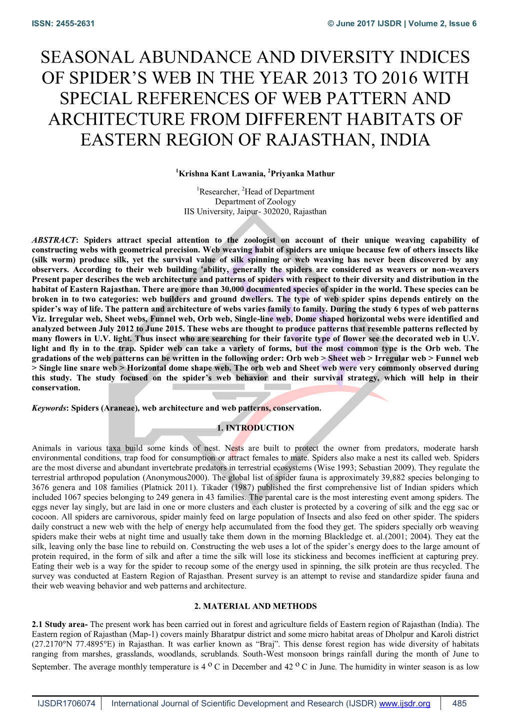 Seasonal Abundance and Diversity Indices of Spider's Web in the Year 2013 to 2016 with Special References of Web Pattern and A