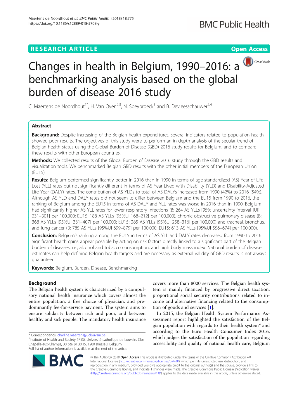 Changes in Health in Belgium, 1990–2016: a Benchmarking Analysis Based on the Global Burden of Disease 2016 Study C