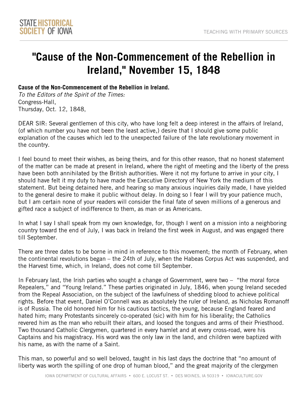 "Cause of the Non-Commencement of the Rebellion in Ireland," November 15, 1848