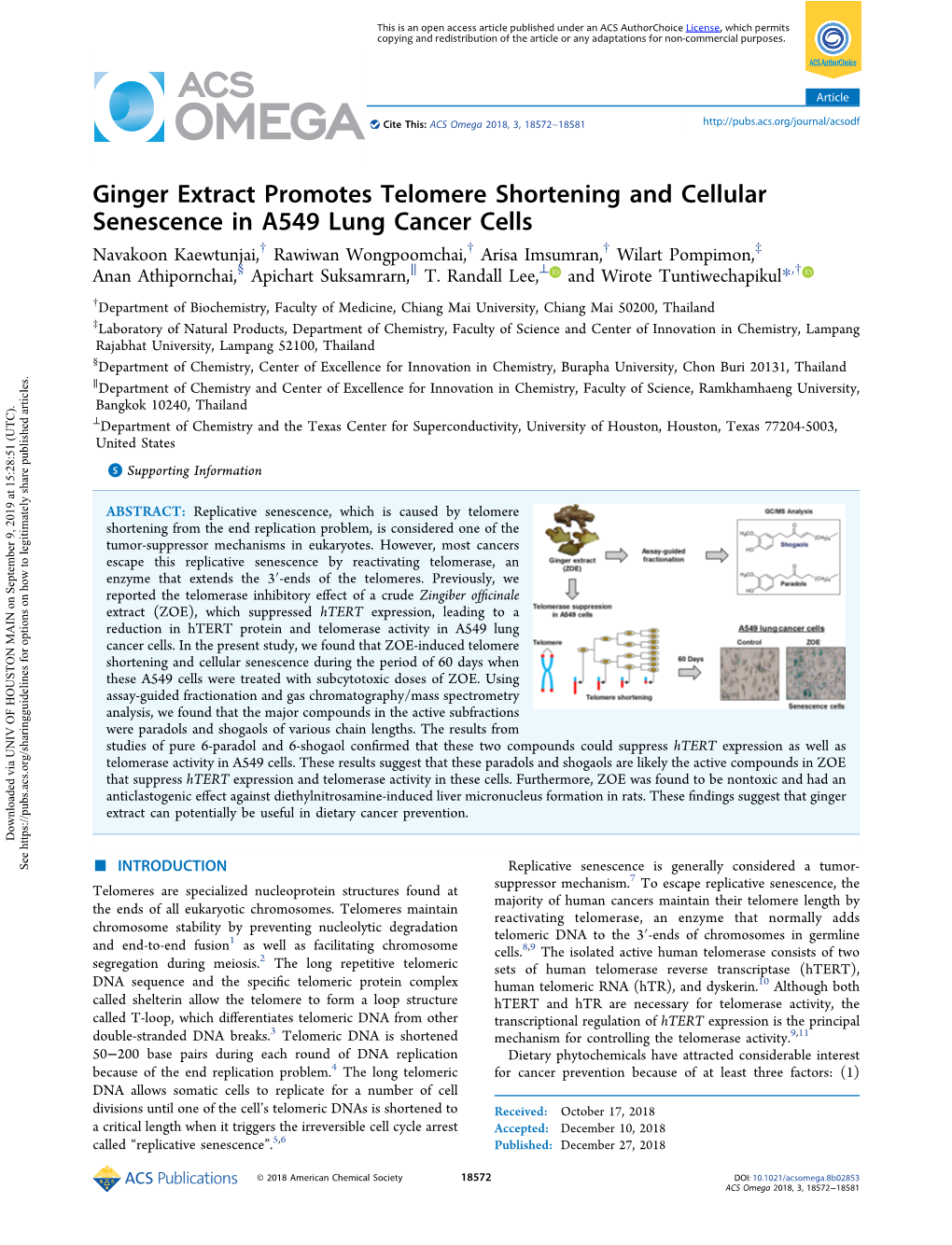 Ginger Extract Promotes Telomere Shortening and Cellular