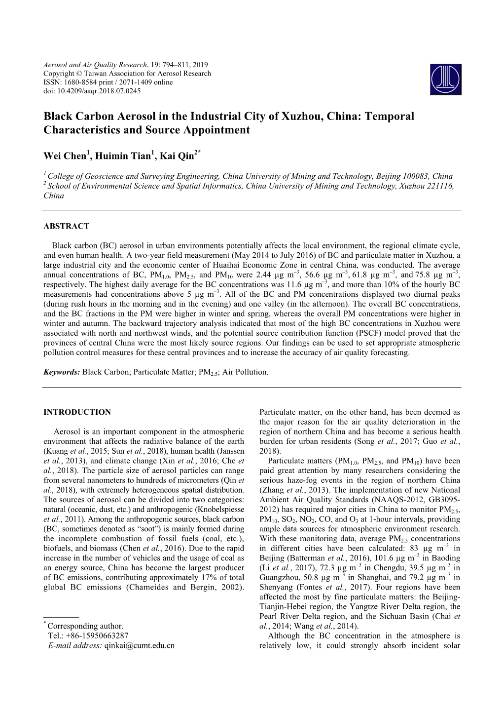 Black Carbon Aerosol in the Industrial City of Xuzhou, China: Temporal Characteristics and Source Appointment