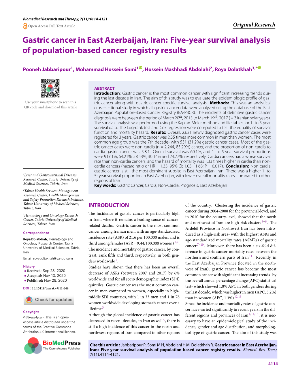 Gastric Cancer in East Azerbaijan, Iran: Five-Year Survival Analysis of Population-Based Cancer Registry Results