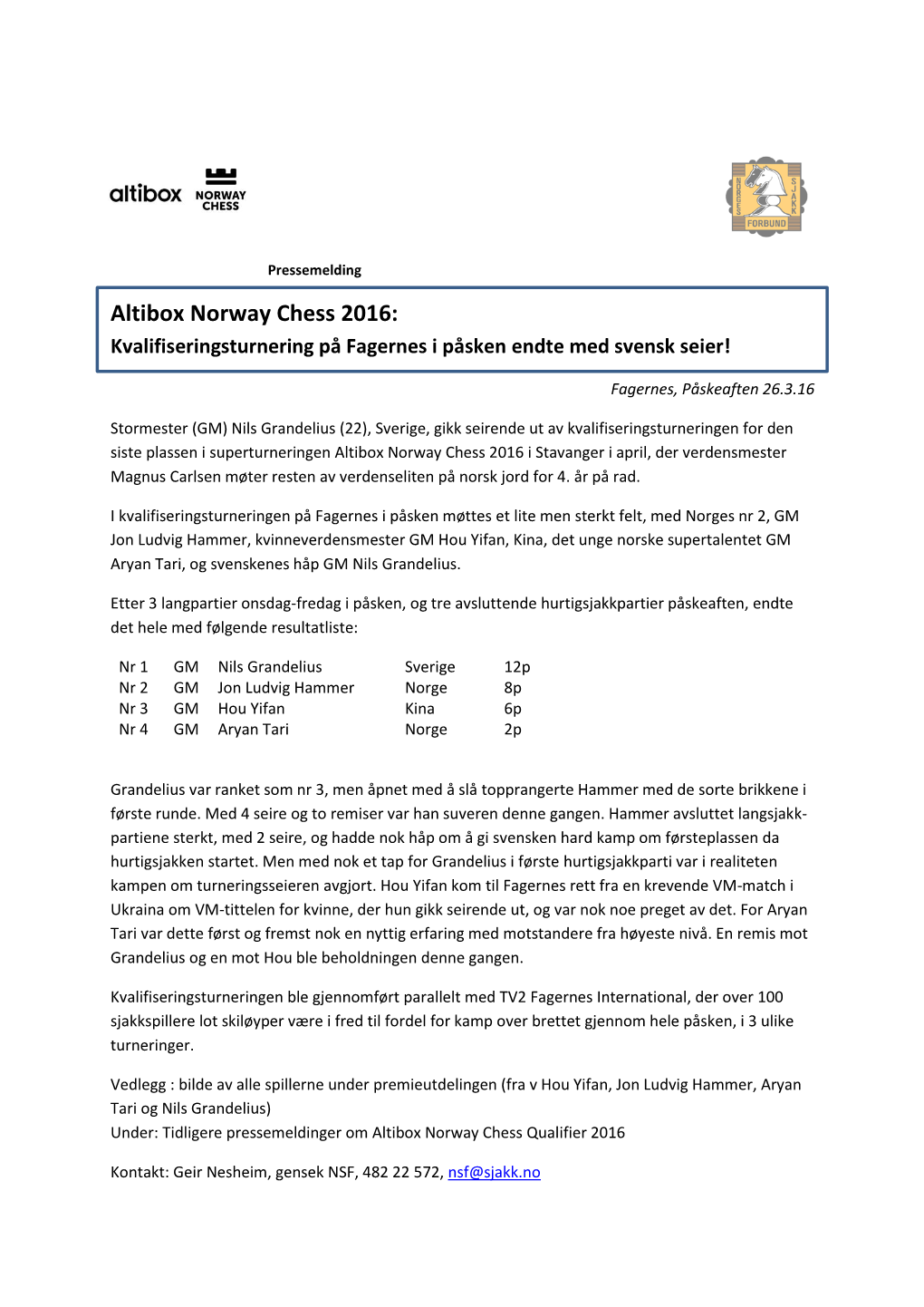 Altibox Norway Chess 2016: Kvalifiseringsturnering På Fagernes I Påsken Endte Med Svensk Seier!