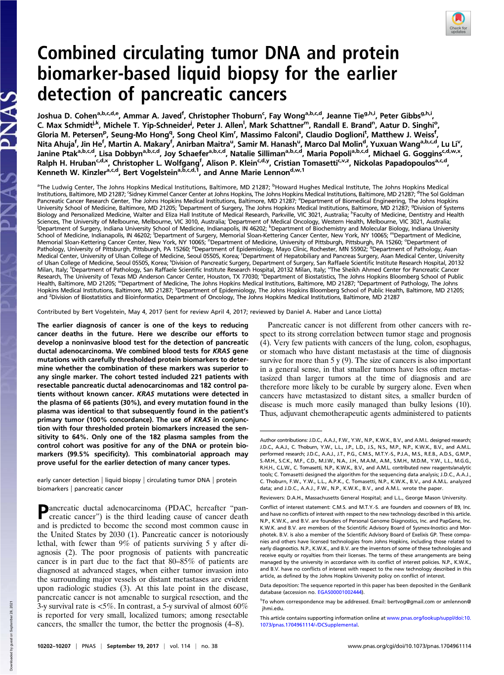 Combined Circulating Tumor DNA and Protein Biomarker-Based Liquid Biopsy for the Earlier Detection of Pancreatic Cancers