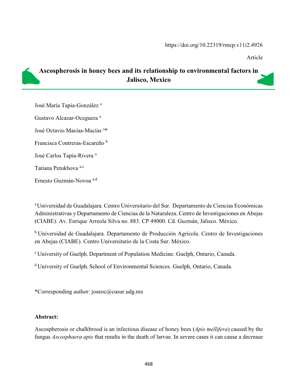 Ascospherosis in Honey Bees and Its Relationship to Environmental Factors in Jalisco, Mexico