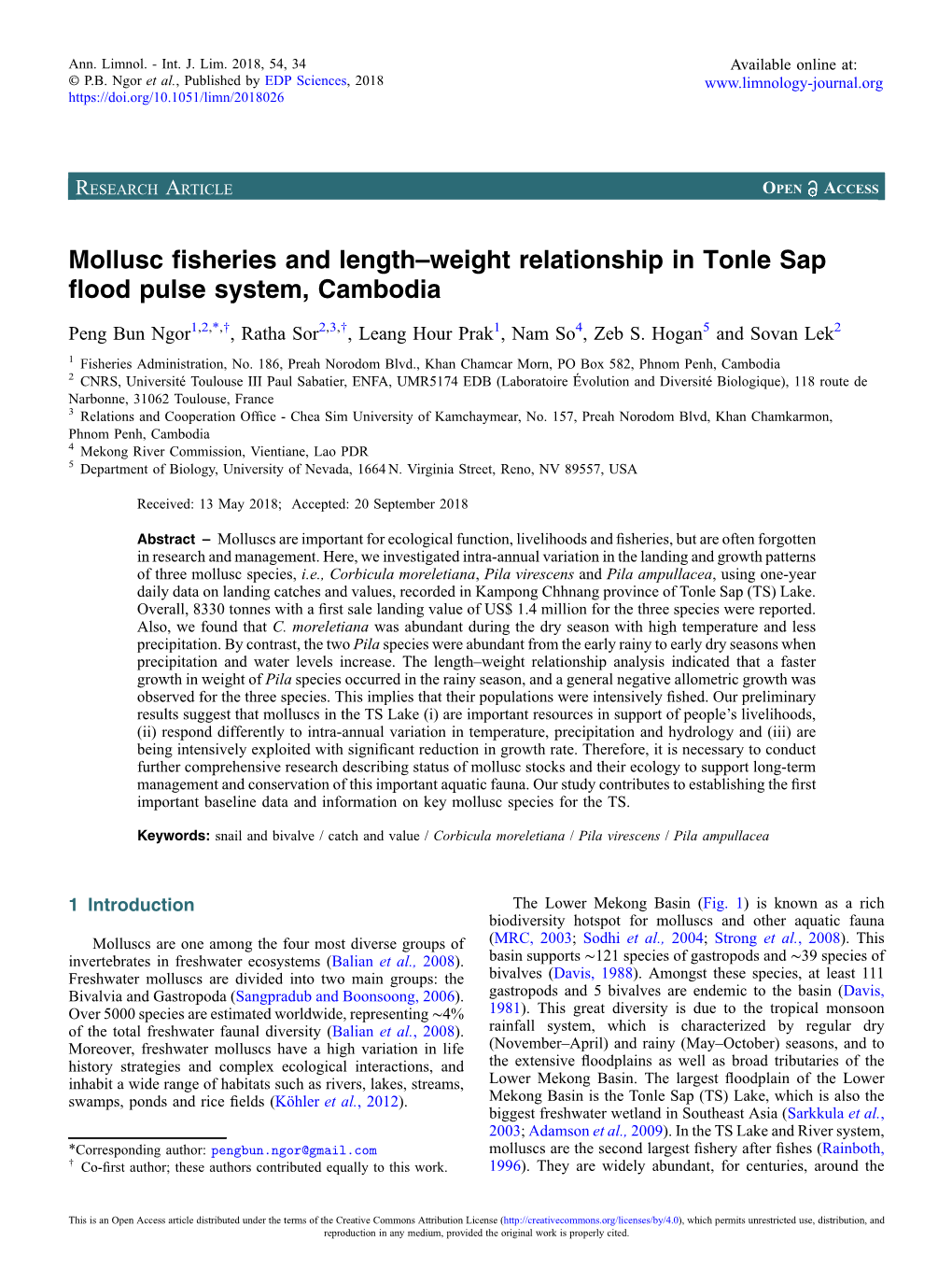 Mollusc Fisheries and Length–Weight Relationship in Tonle Sap Flood