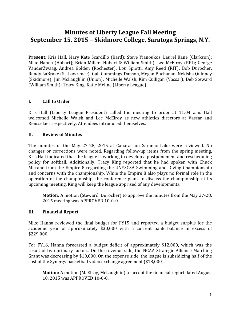 Minutes of Liberty League Fall Meeting September 15, 2015 – Skidmore College, Saratoga Springs, N.Y