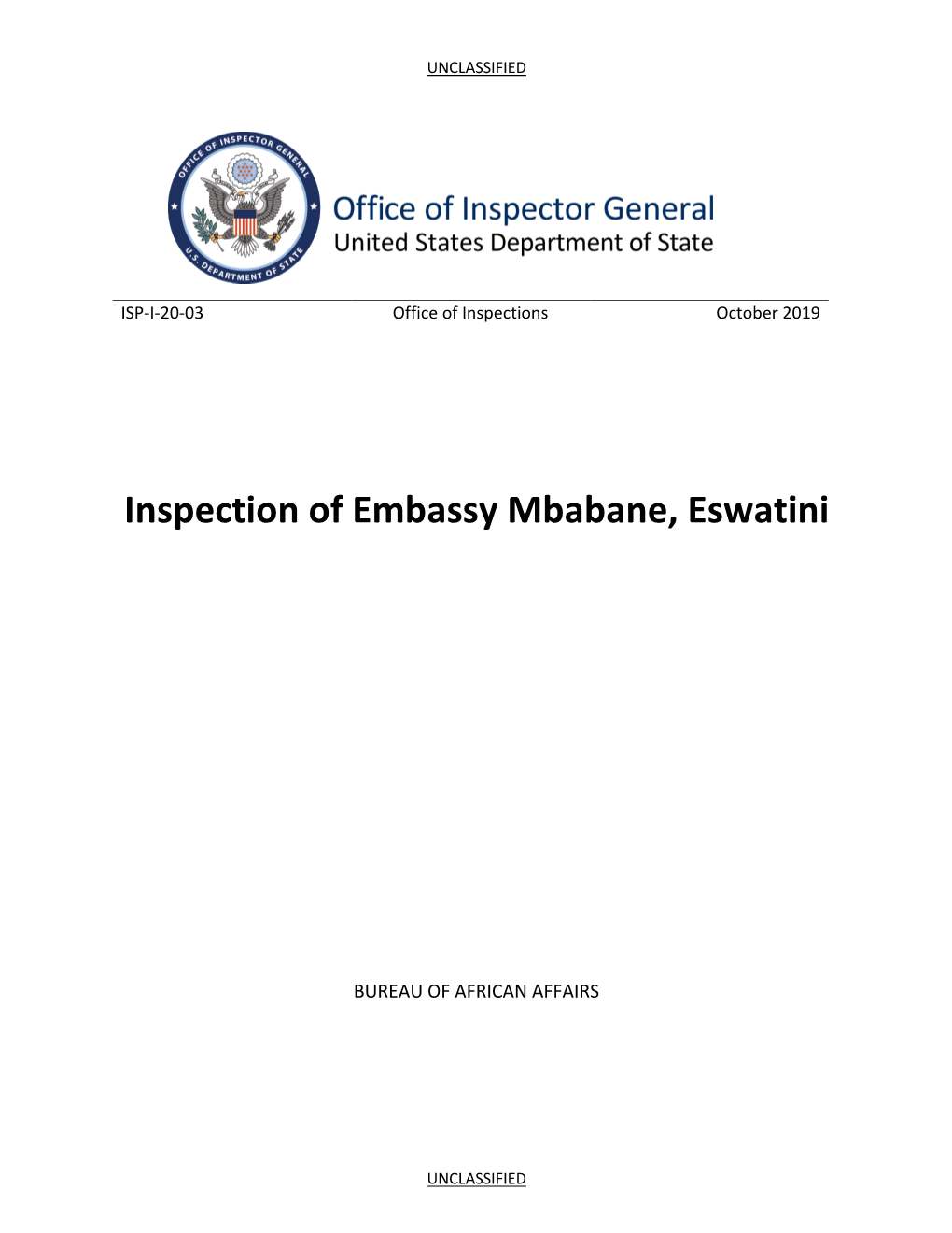 Inspection of Embassy, Mbabane, Eswatini, ISP-I-20-03