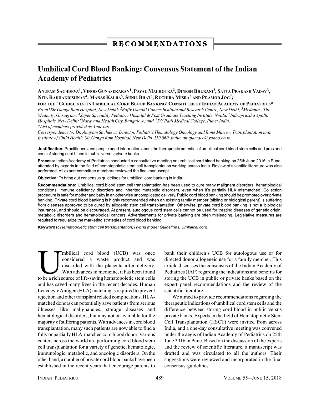 Umbilical Cord Blood Banking: Consensus Statement of the Indian Academy of Pediatrics
