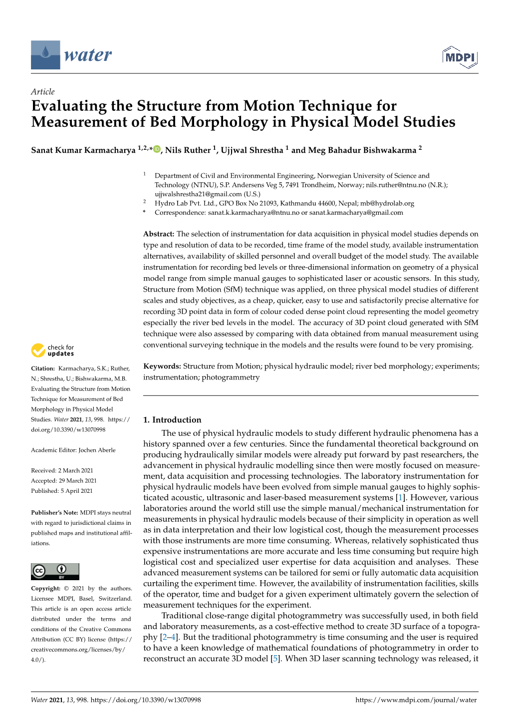 Evaluating the Structure from Motion Technique for Measurement of Bed Morphology in Physical Model Studies