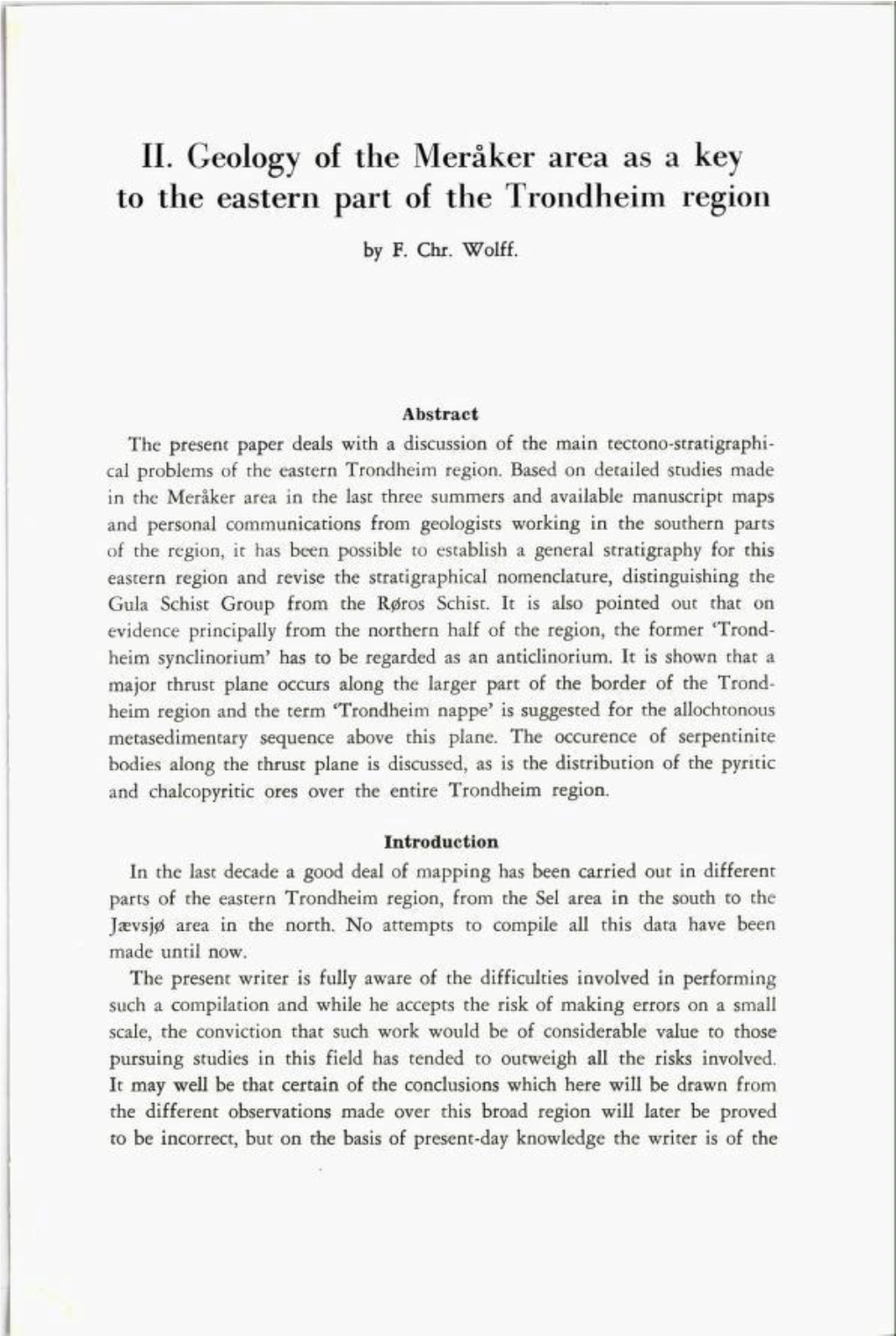 11. Geology of the Meråker Area As a Key to the Eastern Part of the Trondheim Region by F