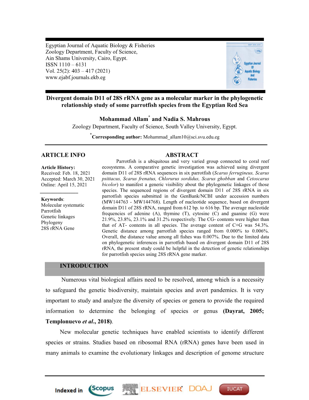 Divergent Domain D11 of 28S Rrna Gene As a Molecular Marker in the Phylogenetic Relationship Study of Some Parrotfish Species from the Egyptian Red Sea