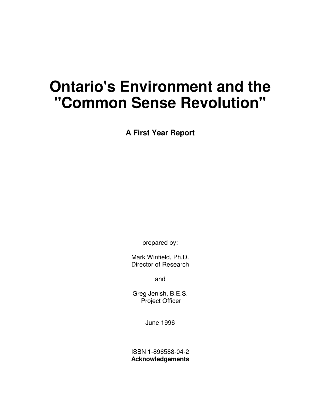 Ontario's Environment and the 