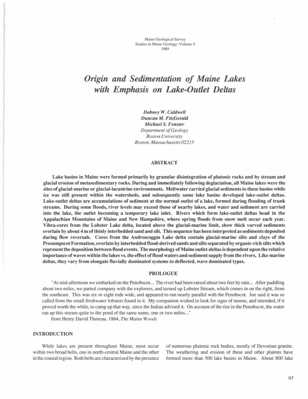 Origin and Sedimentation of Maine Lakes with Emphasis on Lake-Outlet Deltas