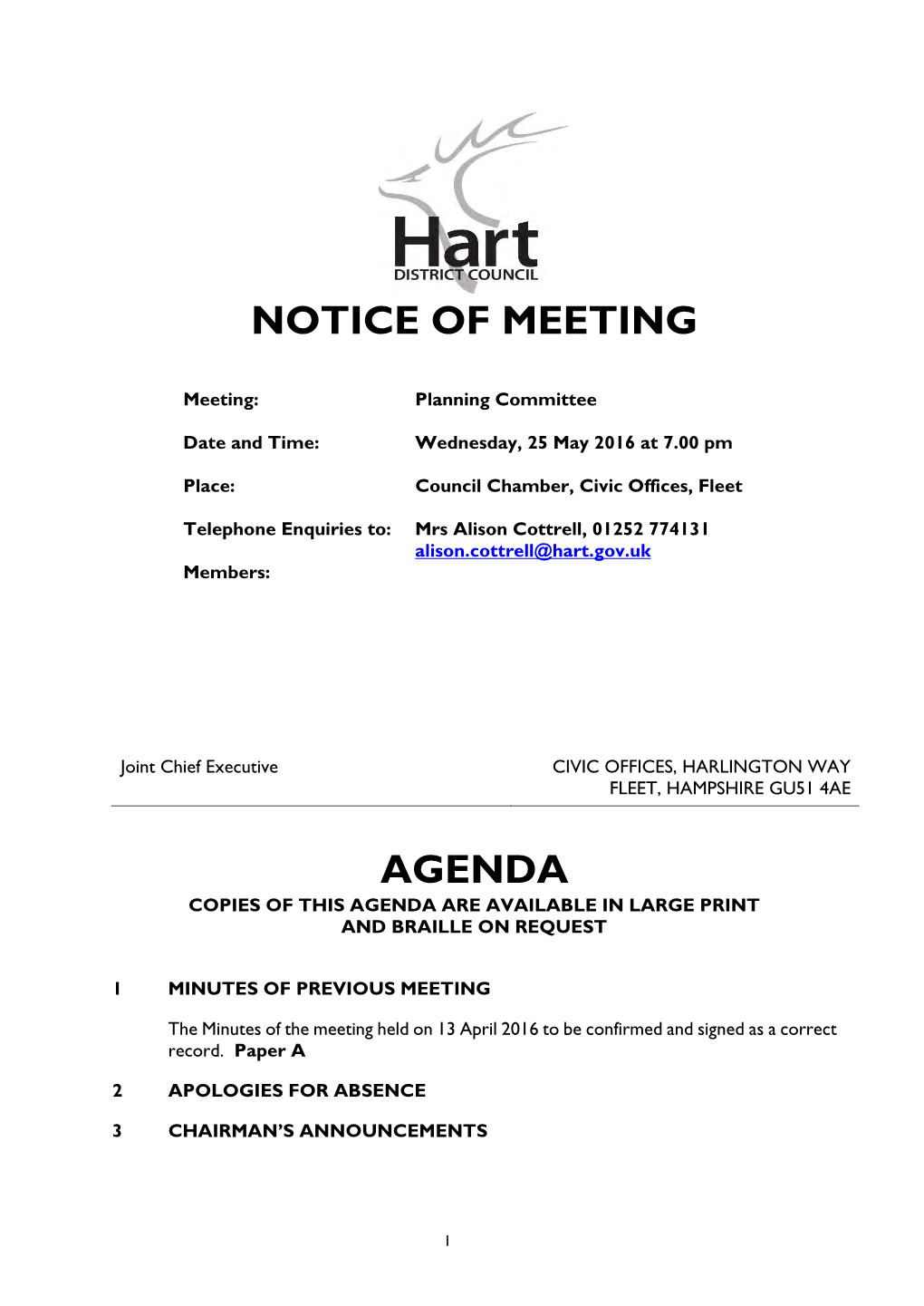 Notice of Meeting Agenda