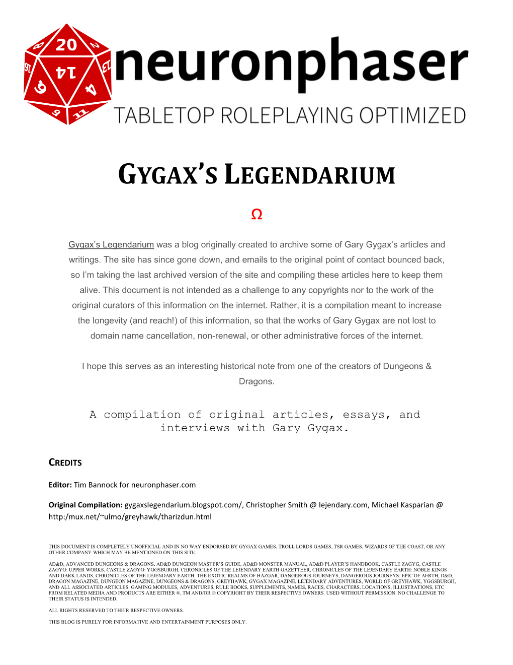 Gygax's Legendarium