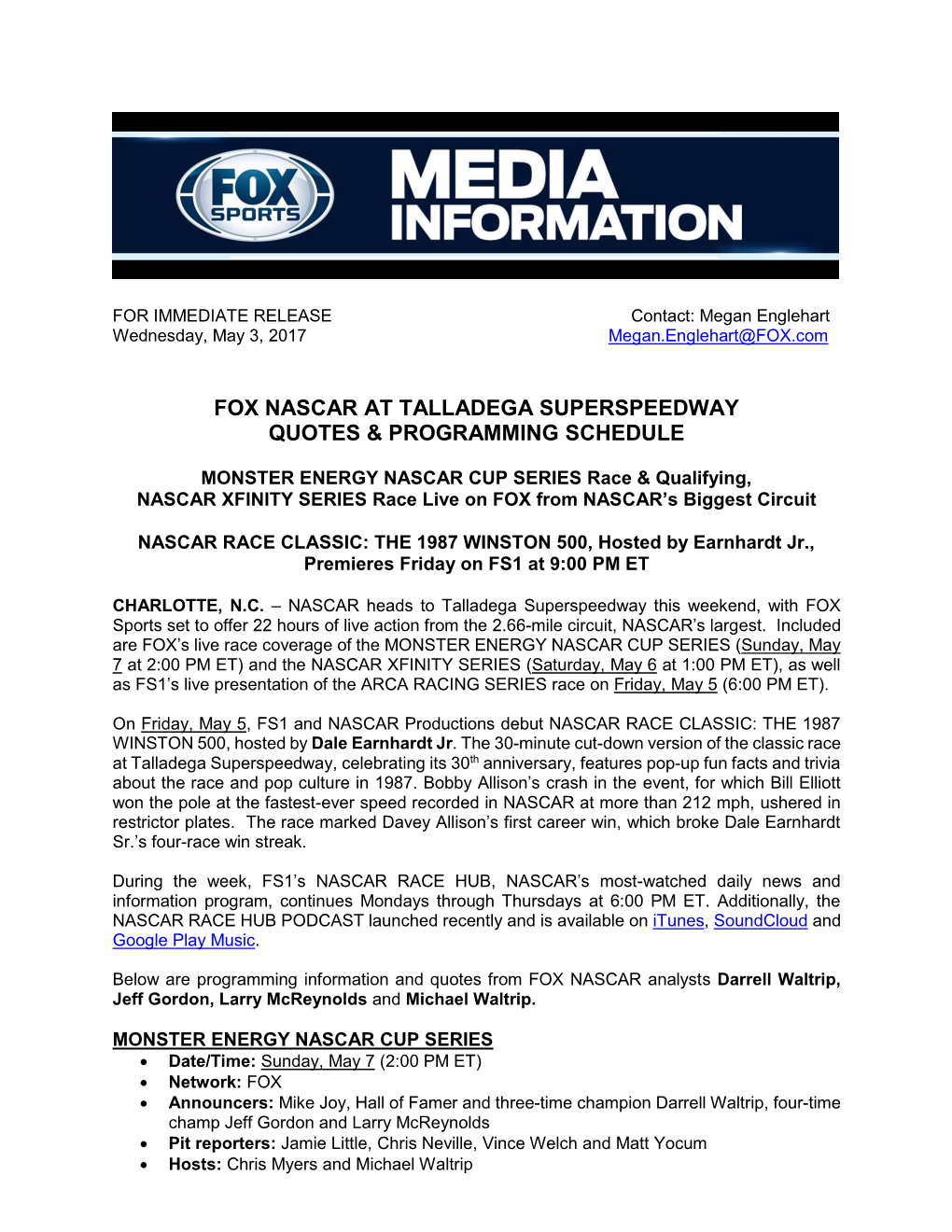 Fox Nascar at Talladega Superspeedway Quotes & Programming Schedule