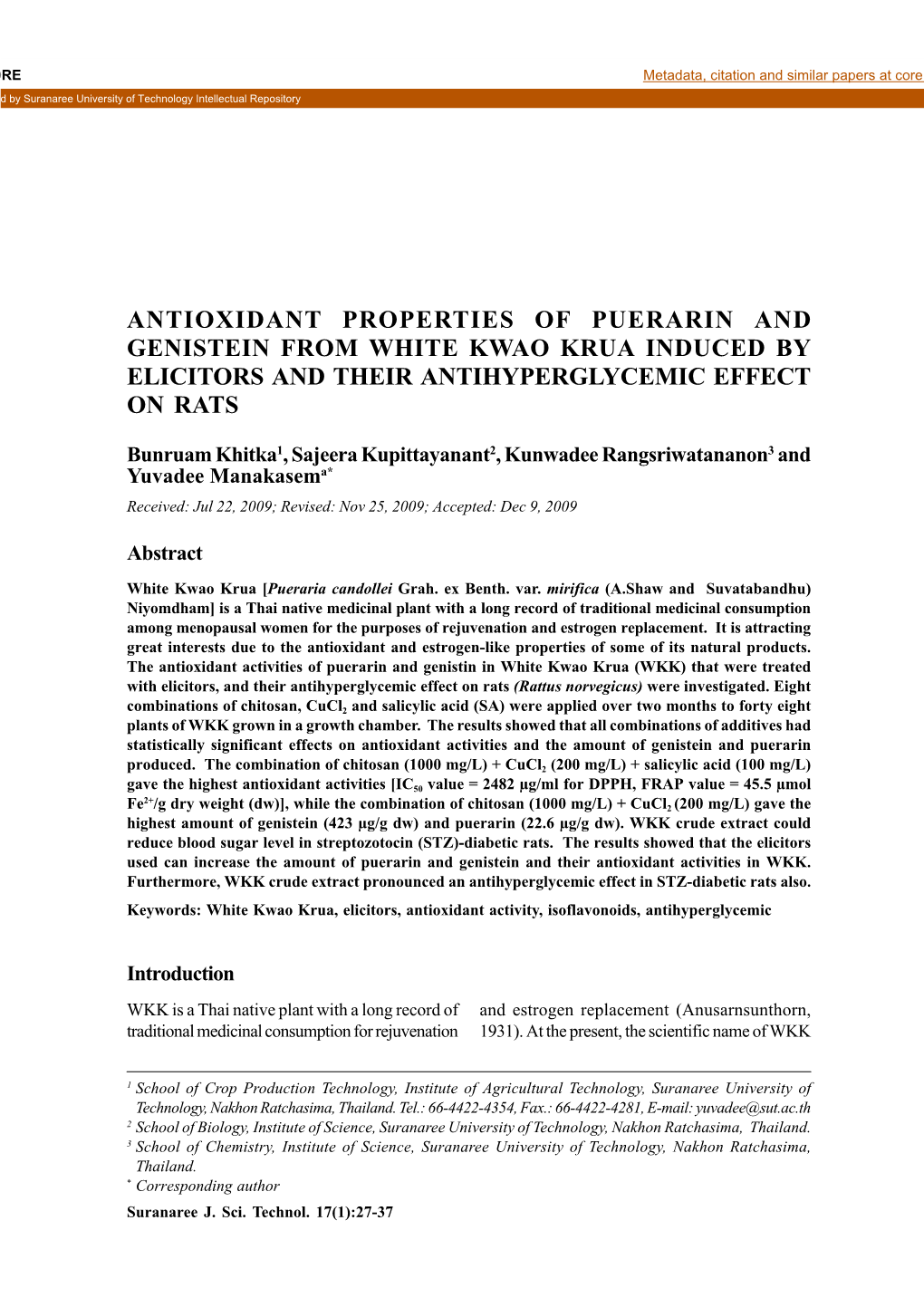 Antioxidant Properties of Puerarin and Genistein from White Kwao Krua Induced by Elicitors and Their Antihyperglycemic Effect on Rats