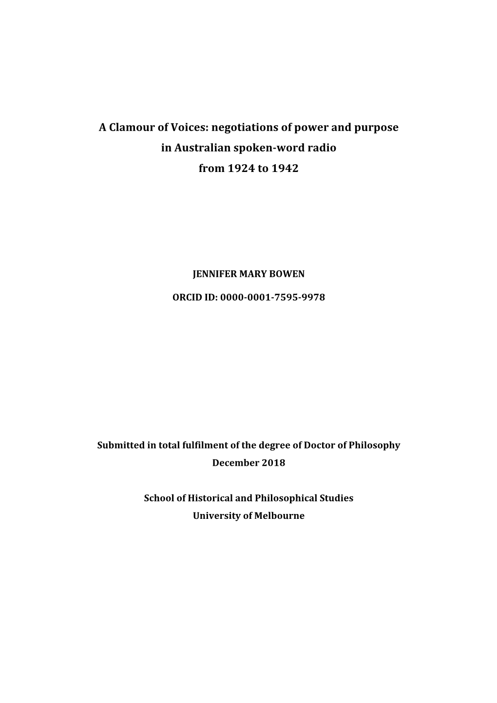 A Clamour of Voices: Negotiations of Power and Purpose in Australian Spoken-Word Radio from 1924 to 1942