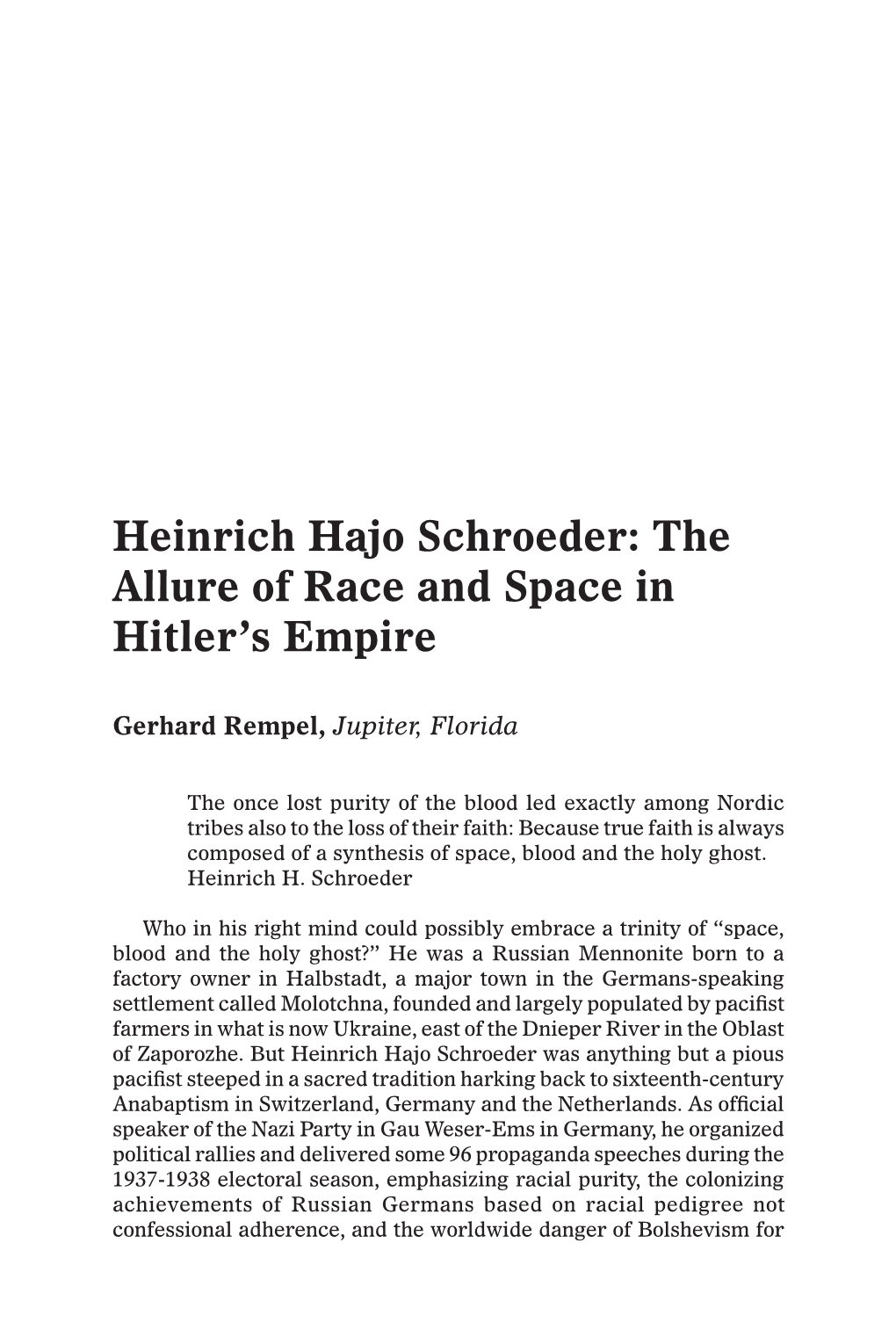 Heinrich Hajo Schroeder: the Allure of Race and Space in Hitler’S Empire