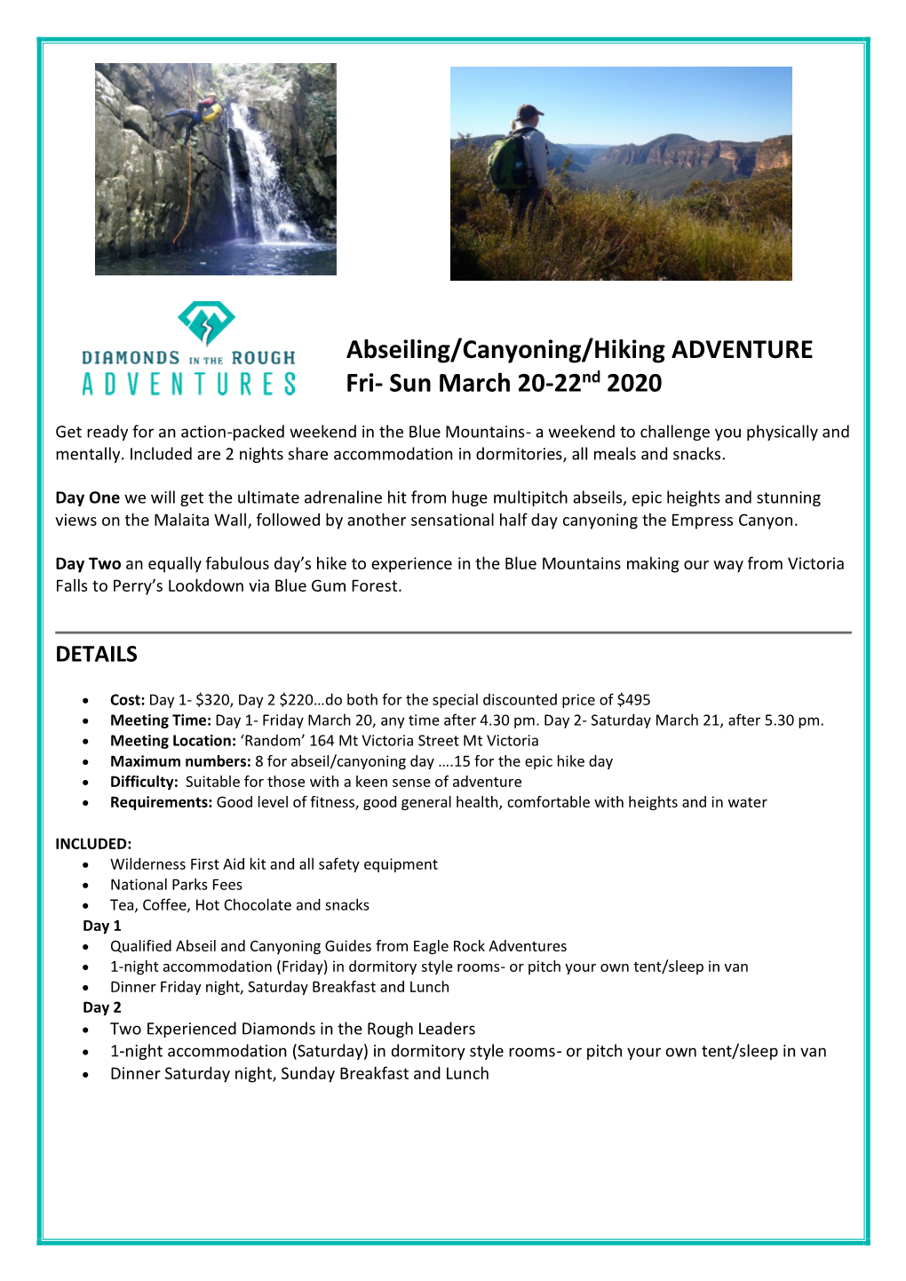 Abseiling/Canyoning/Hiking ADVENTURE Fri- Sun March 20-22Nd 2020