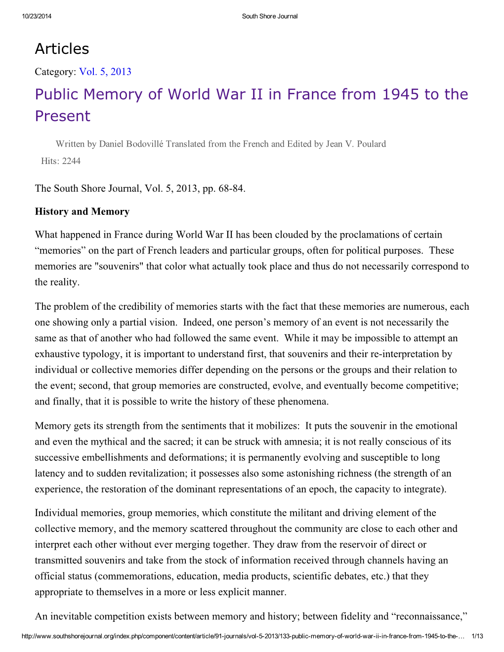 Articles Public Memory of World War II in France from 1945 to the Present