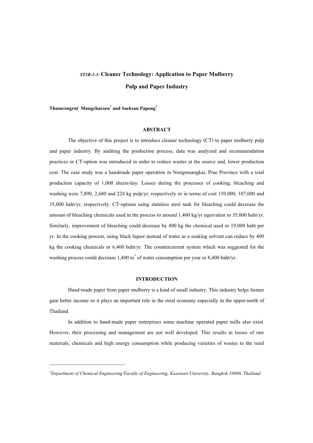 ST2B-1-3: Cleaner Technology: Application to Paper Mulberry Pulp and Paper Industry