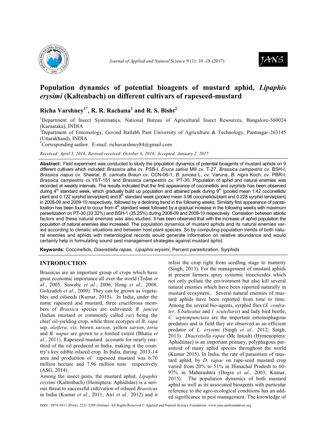 Population Dynamics of Potential Bioagents of Mustard Aphid, Lipaphis Erysimi (Kaltenbach) on Different Cultivars of Rapeseed-Mustard