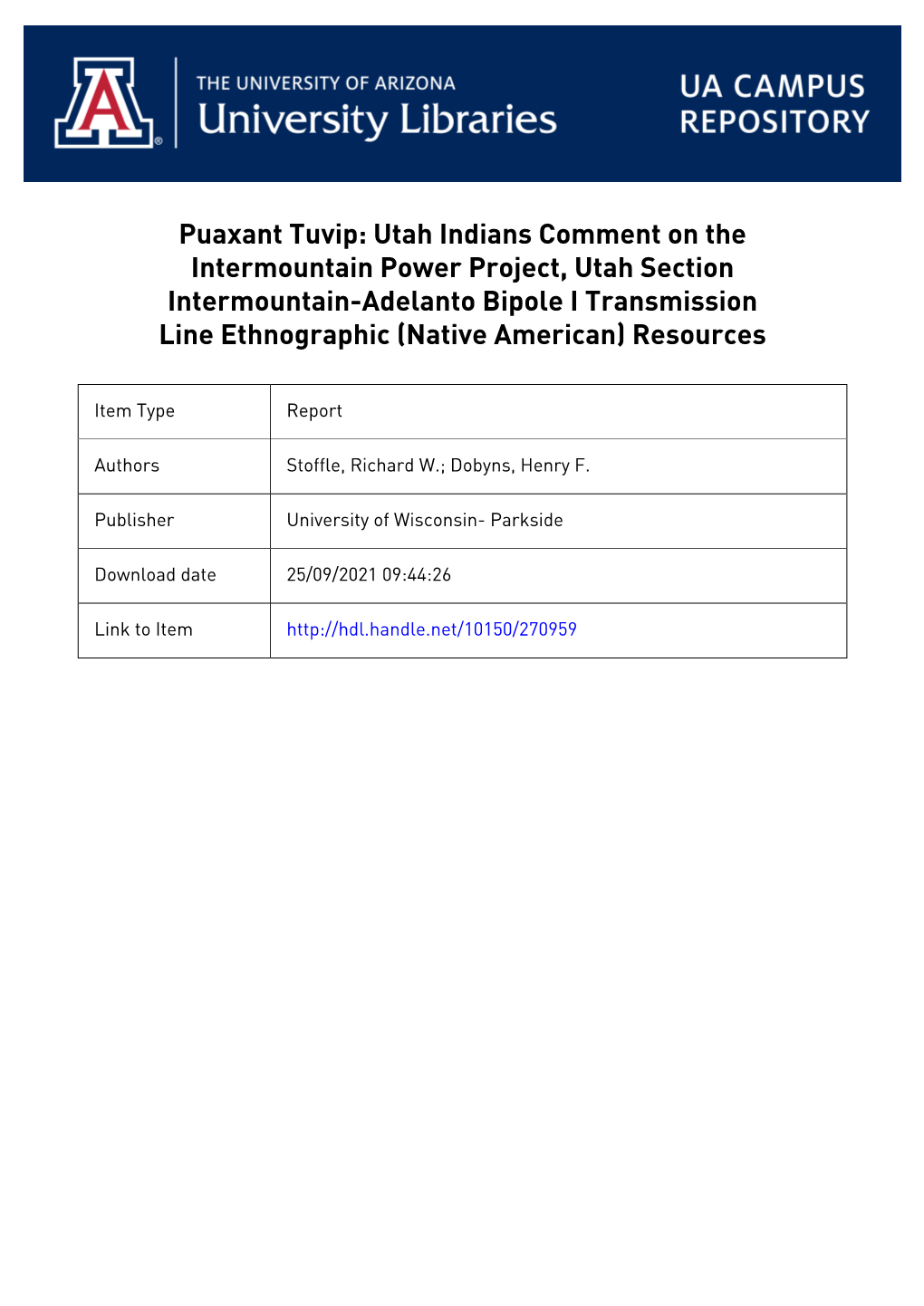 Utah Indians Comment on the Intermountain Power Project, Utah Section Intermountain-Adelanto Bipole I Transmission Line Ethnographic (Native American) Resources