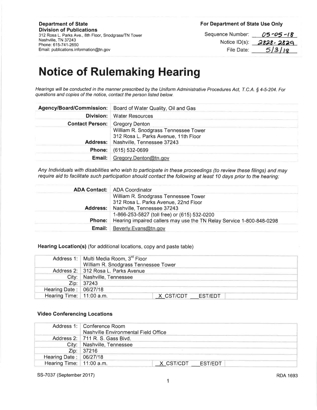 Notice of Rulemaking Hearing