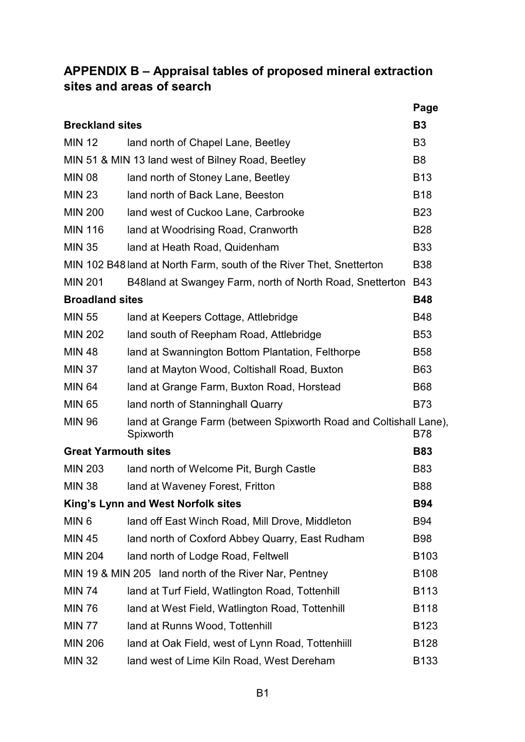 APPENDIX B – Appraisal Tables of Proposed Mineral Extraction Sites and Areas of Search