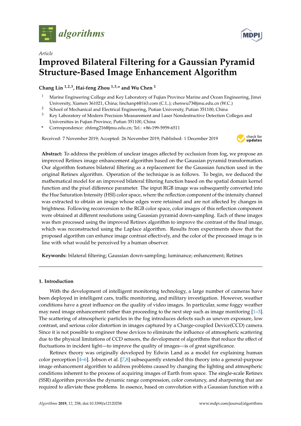 Improved Bilateral Filtering for a Gaussian Pyramid Structure-Based Image Enhancement Algorithm