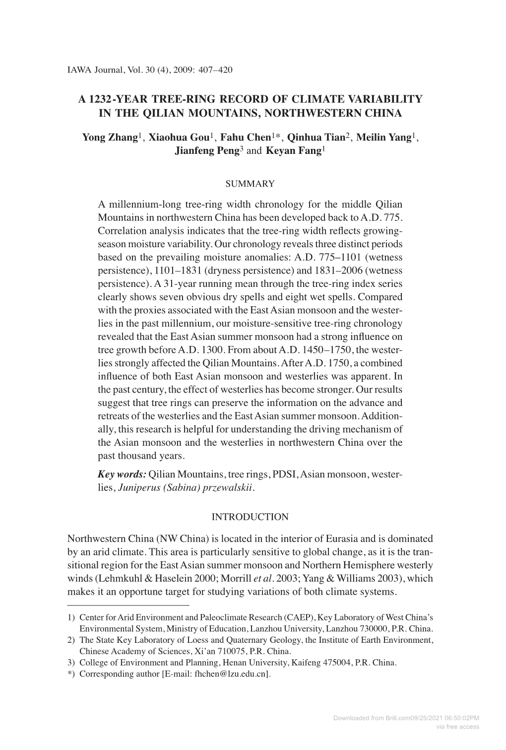 A 1232-Year Tree-Ring Record of Climate Variability in the Qilian Mountains, Northwestern China