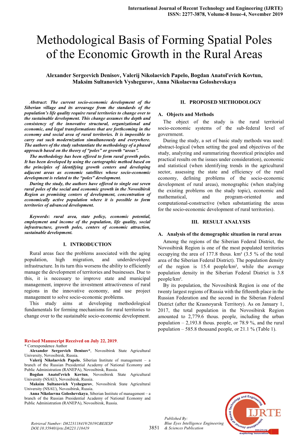 Methodological Basis of Forming Spatial Poles of the Economic Growth in the Rural Areas